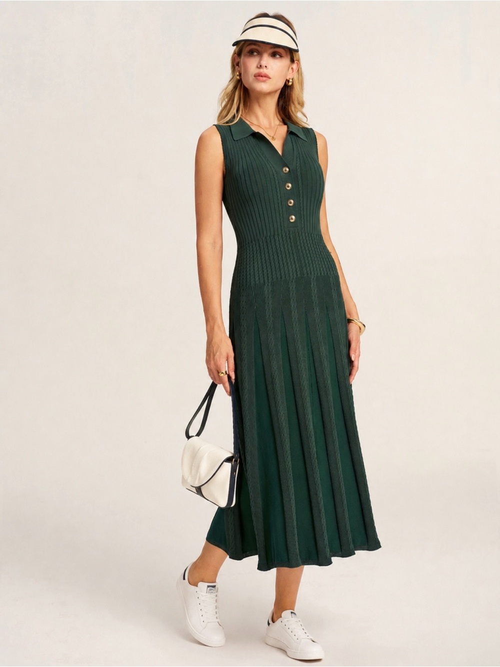 Commense Forest Green Sleeveless Polo Midi Dress